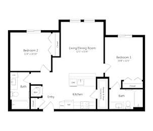 Two Bedroom Floor Plan at Carson Crossing Apartments in Austin