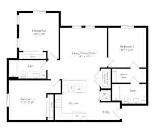 Three Bedroom Floor Plan at Carson Crossing Apartments in Austin