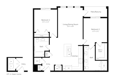 Two Bedroom Floor Plan at Cedar Heights Apartments in Southeast Austin TX