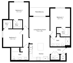 Three Bedroom Floor Plan with 1,327 Sq. Ft. at Everly Luxury Apartments in Naples FL