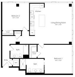 Two Bedroom Floor Plan with 1,326 Sq. Ft. at F11 Luxury Apartments in San Diego CA