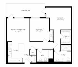 Two Bedroom Floor Plan with 1,054 Sq. Ft. at F11 Luxury Apartments in San Diego CA