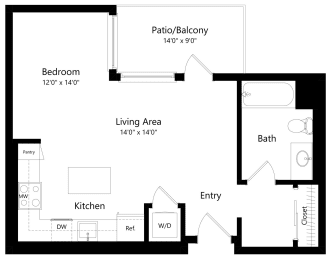 Studio Floor Plan with 561 Sq. Ft. at F11 Luxury Apartments in San Diego CA