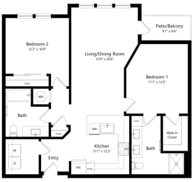 Two Bedroom Floor Plan with 1,146 Sq. Ft. at Grady Square Luxury Apartments in Tampa FL