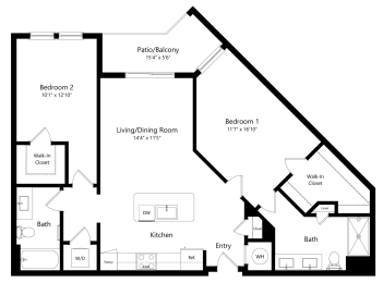 Two Bedroom Floor Plan with 1,180 Sq. Ft. at Grady Square Luxury Apartments in Tampa FL