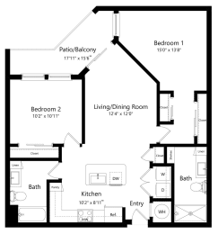 Two Bedroom Floor Plan with 1,187 Sq. Ft. at Grady Square Luxury Apartments in Tampa FL