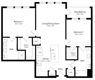 Two Bedroom Floor Plan with 1,147 Sq. Ft. at Grady Square Luxury Apartments in Tampa FL