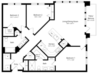 Three Bedroom Floor Plan with 1,436 Sq. Ft. at Grady Square Luxury Apartments in Tampa FL