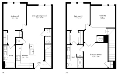 Three Bedroom Floor Plan with 1,628 Sq. Ft. at Grady Square Luxury Apartments in Tampa FL