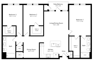 Three Bedroom Floor Plan with 1,532 Sq. Ft. at Grady Square Luxury Apartments in Tampa FL