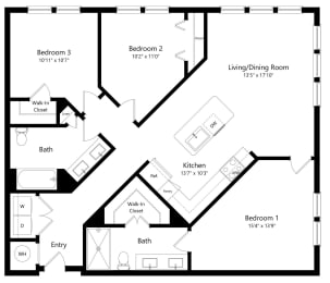 Three Bedroom Floor Plan with 1,278 Sq. Ft. at Grady Square Luxury Apartments in Tampa FL