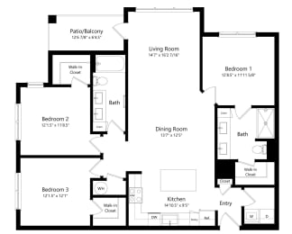 Three Bedroom Floor Plan at Lenox at Bloomingdale Luxury Apartments in Riverview FL