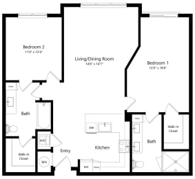 Two Bedroom Floor Plan with 1,152 Sq. Ft. at Parc at White Rock Luxury Apartments in Dallas TX