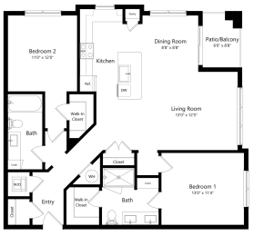 Two Bedroom Floor plan with 1,174 Sq. Ft.  at Parc at White Rock, Dallas, Texas