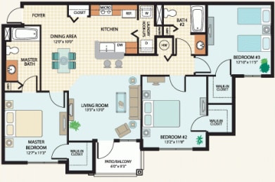 Three Bedroom Floor Plan at Parkway Place Affordable Apartments in Melbourne, FL