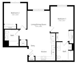 Two Bedroom Floor Plan at River Canyon Affordable Apartments in Merced, CA