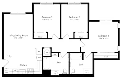 Three Bedroom Floor Plan at River Canyon Affordable Apartments in Merced, CA