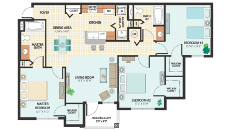 Three Bedroom Floor Plan at Sabal Ridge Affordable Apartments in Tampa FL