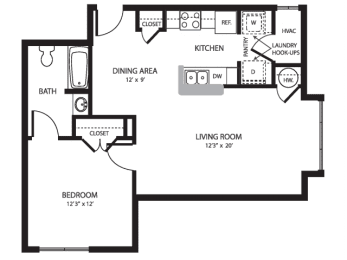 One Bedroom Floor Plan at Wharside Commons Affordable Apartments in Middletown CT