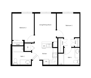 Two Bedroom Floor Plan at Sycamore Senior Village Apartments in Oxnard CA