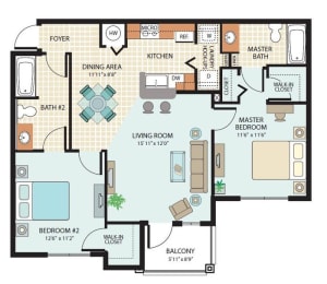 Two Bedroom Floor Plan at Meridian Pointe Affordable Apartments in Tampa FL