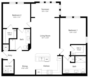 Two Bedroom Floor Plan | 1,248 Sq. Ft. at The Sedona Luxury Apartments in Tampa FL