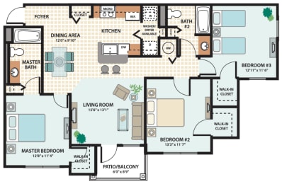3 Bedroom Floor Plan at Fort King Colony Apartments in Zephyrhills, FL