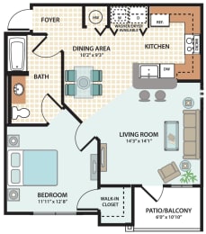 1 Bedroom Floor Plan at Fort King Colony Apartments in Zephyrhills, FL