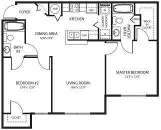 2 Bedroom Floor Plan at Grande Oaks Apartments in Tampa FL
