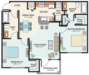 2 Bedroom Floor Plan at Fort King Colony Apartments in Zephyrhills, FL