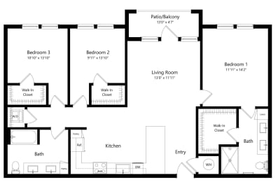 Three Bedroom Floor Plan | 1,295 Sq. Ft. at Waverly Terrace Luxury Apartments in Temple Terrace FL