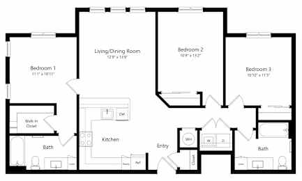Three-Bedroom Floor Plan at Ivy Heights Apts in Austin TX