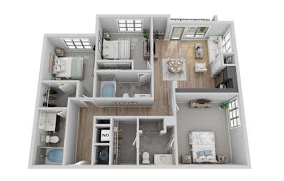 a 3d floor plan of a 3 bedroom apartment