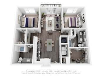 A 3D floor plan of a small apartment with a kitchen, living room, and two bedrooms.