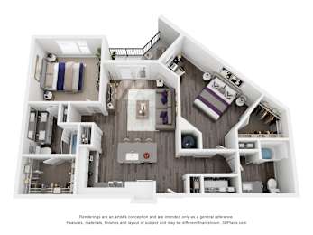 A 3D floor plan of a house with a kitchen, living room, and bedrooms.