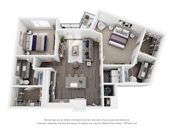 A 3D floor plan of a house with a kitchen, living room, and bedrooms.
