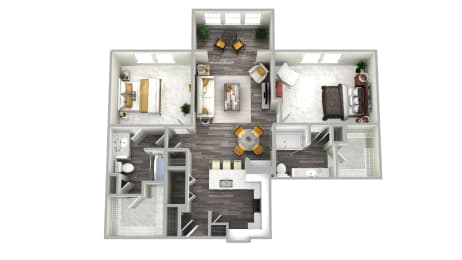 bedroom floor plan an open concept living and dining area with a fireplace and a balcony at Emblem Alpharetta, Alpharetta, GA, 30009
