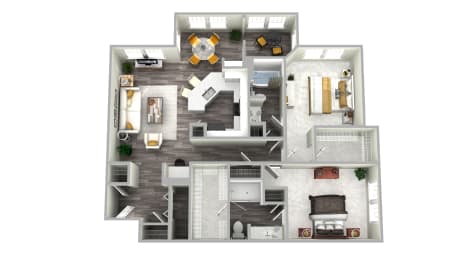 2 bedroom floor plan in 3D at Emblem Alpharetta, Alpharetta, GA, 30009