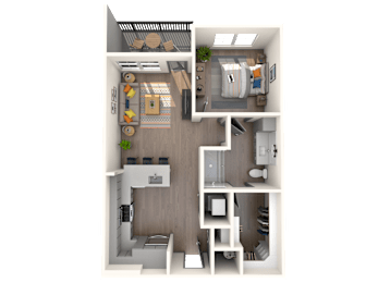 A 3D floor plan view of the A1 Floorplan at The District at Rosemary