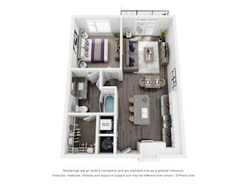 A 3D floor plan of a small apartment with a kitchen, living room, and bathroom.