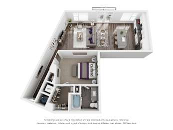 A 3D floor plan of a small apartment with a kitchen, living room, and bathroom.