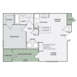 a floor plan of a one bedroom apartment at Thornberry Apartments, Charlotte North Carolina