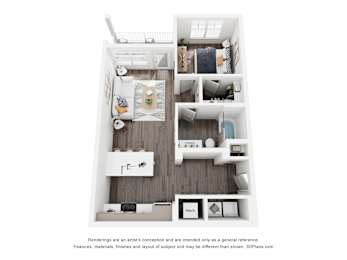 A 3D floor plan of a small apartment with a kitchen, living room, and bathroom.