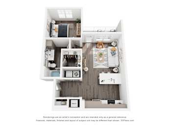 A 3D floor plan of a small apartment with a kitchen, living room, and bathroom.