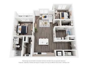 A floor plan of a two-bedroom apartment with a living room, kitchen, and bathroom.