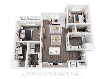 A 3D floor plan of a house with a kitchen, living room, and two bedrooms.