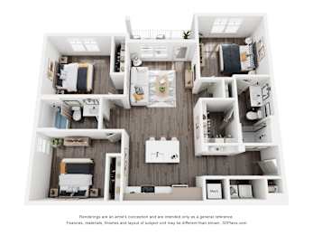 A 3D floor plan of a small apartment with a kitchen, living room, and two bedrooms.