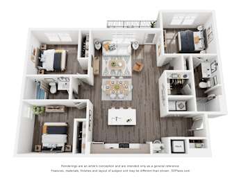 A 3D floor plan of a house with a kitchen, living room, and two bedrooms.