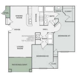 a floor plan of a two bedroom apartment at Thornberry Apartments, North Carolina