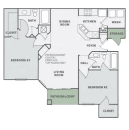 a floor plan of a two bedroom in Charlotte at Thornberry Apartments, North Carolina, 28262